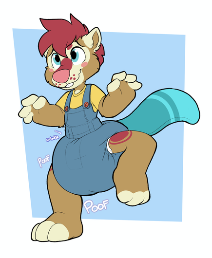 Digital babyfur illustration of a beaver in a very poofy and crinkly diaper underneath their shortalls, forcing them to waddle.