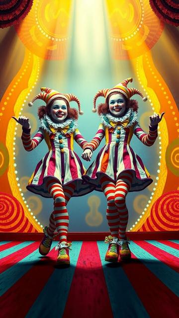 ①«Create by MagicEraser/FLUX»
Neo-Impressionist art: Two smiling clown girls in bright striped costumes with large bows and frilly collars dance on a glamorous, brightly lit stage. Multiple striped patterns, including abstract twisting shapes, surround them. The style honors Neo-Impressionist masters like Seurat and Signac, featuring rough, expressive brushstrokes and vibrant colors. Realism and abstraction blend in minute, kaleidoscopic detail.
#本日の成果物 #aiartcommunity