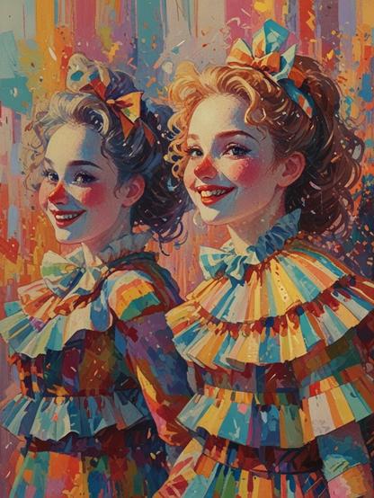 ②«Generated by LeonardoDiffusion»
Two smiling clown girls, adorned in vibrant striped costumes with oversized bows and intricately ruffled collars, dance side by side on a dazzling, golden-lit stage, surrounded by a mesmerizing array of striped patterns, including abstract shapes with twisting, swirling stripes that evoke a sense of dynamic energy. The atmosphere is alive with the spirit of Neo-Impressionism, as rough, expressive brushstrokes, reminiscent of Georges Seurat's meticulous pointillism and Paul Signac's vivid, fragmented colors, collide with vibrant hues, blending realism and abstraction in minute detail, creating a kaleidoscopic effect, with thick, heavy oil paint textures and bold, vivid colors, in the style of Charles Angrand and Henri-Edmond Cross, with an emphasis on capturing the fleeting moments of joy and movement, frozen in time, like a burst of confetti exploding in mid-air.