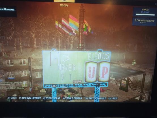 Billboard at my Fallout 76 C.A.M.P.

"CA NEVER 51"

"Elbows up"

Various Pride flags waving over my structure