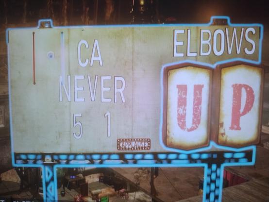 Billboard at my Fallout 76 C.A.M.P.

"CA NEVER 51"

"Elbows up"

Various Pride flags waving over my structure