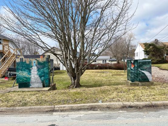 Two utility boxes each painted with primarily green murals of bushes around garden paths leading to colourful doors, Carver St, Dartmouth, Nova Scotia.