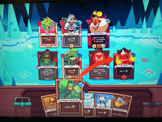 This screenshot shots an example of the gameplay. The player’s fighters are placed in two rows on the left half, where they battle against the enemies on right half. The characters’ actions go off when their countdown timer at the bottom of their card reaches zero. The player can play one card from their hand per turn, which can be used to buff your heroes, attack your enemies, or summon new heroes.