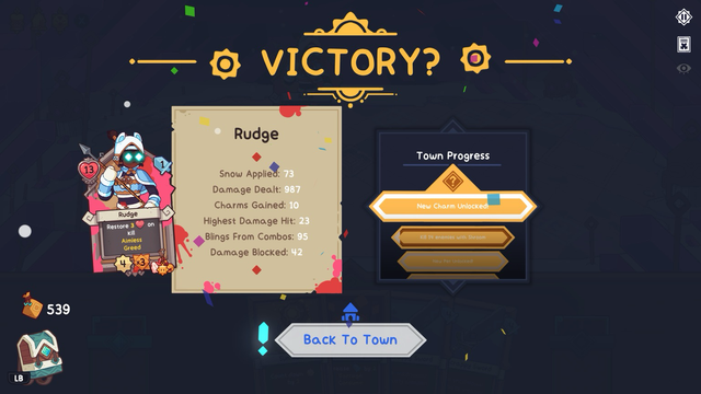 The Victory screen that shows after winning your first run. The main hero card of your run is shown on the left, next to stats and meta progression unlocks. The stats for this run: “Rudge: Snow applied: 73. Damage dealt: 987. Charms gained: 10. Highest damage dealt: 23. Blings from combos: 95. Damage blocked: 42.”