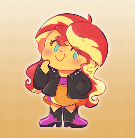 Art of human Sunset Shimmer in her first Equestria Girls outfit. She's in a simple chibi style and is cutely holding her hand up to her chin like she's pondering something.