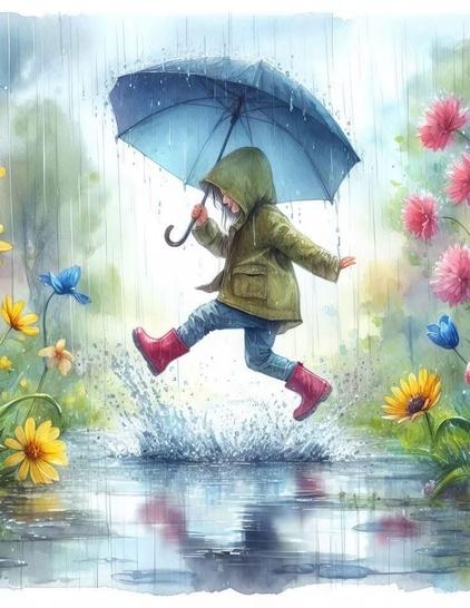 Little girl with umbrella, wearing boots and hooded slicker splashing through the puddles in the middle of a rainstorm, surrounded by blooming flowers, bringing to mind the phrase “April Showers Bring May Flowers”.  

Have a peaceful, restful Sunday, All.