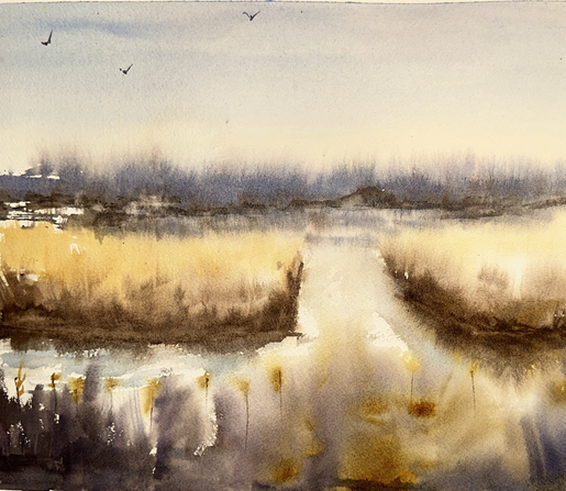 Semi-abstract marshlands in gold and dark blue and dark brown.