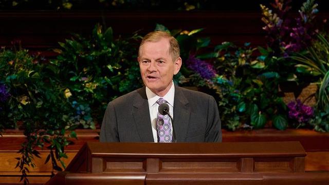 Elder Gary E. Stevenson speaks from the pulpit during the Saturday Evening Session of the 195th Annual General Conference of The Church of Jesus Christ of Latter-day Saints.