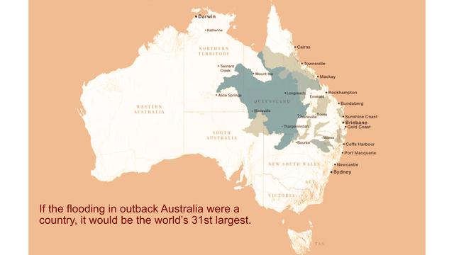 Graphic map showing the very large area of flooding over vast areas of the Australian Outback following sustained torrential Autumn rains. Captioned: ‘If the flooding in outback Australia were a country, it would be the world’s 31st largest.’ Credit: Anthony Calvert/Australian Bureau of Meteorology
