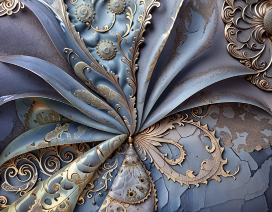 Layered abstract textures with ornate floral metal scrollwork in blue, gold, and lavender tones, gathered into a central point fixed with a gold bead fastener. Visual tactile synesthesia style.