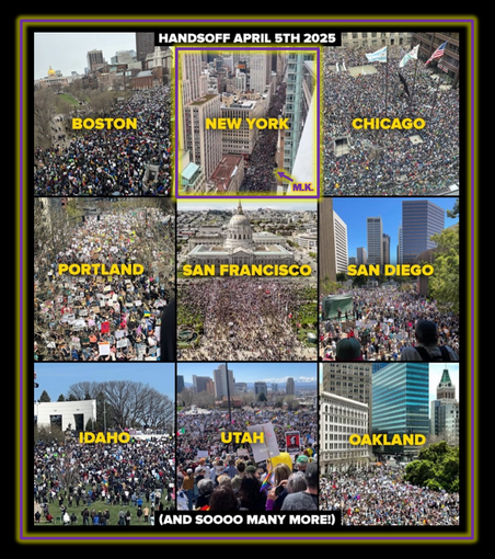 An image of nine cities, some listed as states, showing huge numbers of protesters. I've put a colored box around NYC and a matching arrow and my initials, M.K., which supposedly show me in the Hands Off march today.