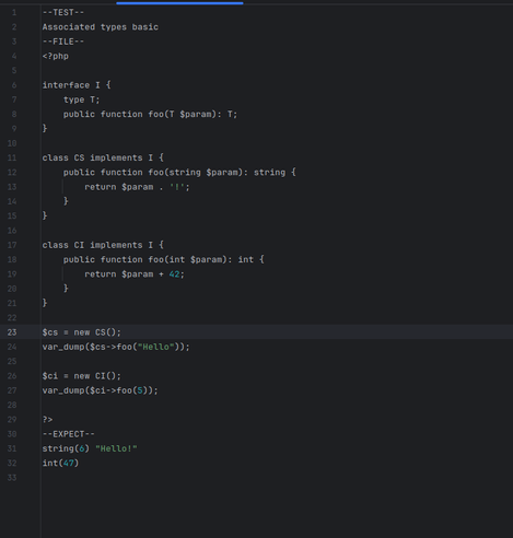 Screenshot of a PHPT file that showcases a PHP interface with an associated type that is resolved at compile time by the implementing classes.