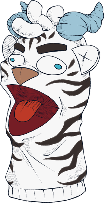 Marnol Scaggs, a tiger-striped dracat, has been turned into a sock puppet! He has white fur, black stripes, and bluish horns, with a tuft of white fur between said horns.