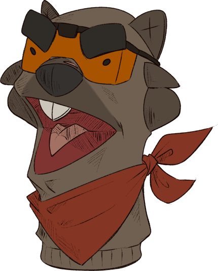 Emmet, a male anthropomorphic wombat, has been turned into a sock puppet! He has various shades of brown fur, and wears orange safety goggles and a red scarf.