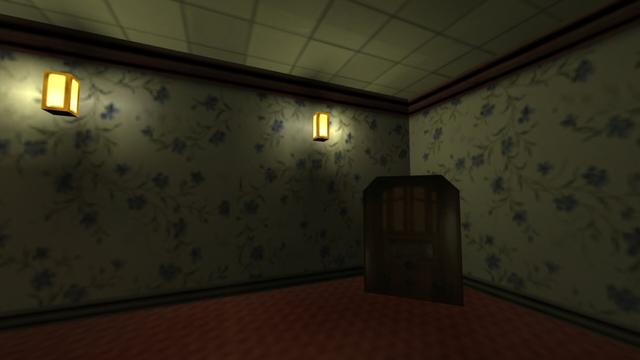 In this picture you can see a room that is on the first floor. This is the room that you can also enter through the window above the wooden boxes. Otherwise, you use a staircase, which is not visible here. In the right corner you can see an old large radio in a wooden case. The wallpaper on the wall has blue flowers. In addition, there are two yellow-lit lamps on the left wall. The same have already been seen in the first underpass. This is on the map cs_italy in the game Counter-Strike 1.6.