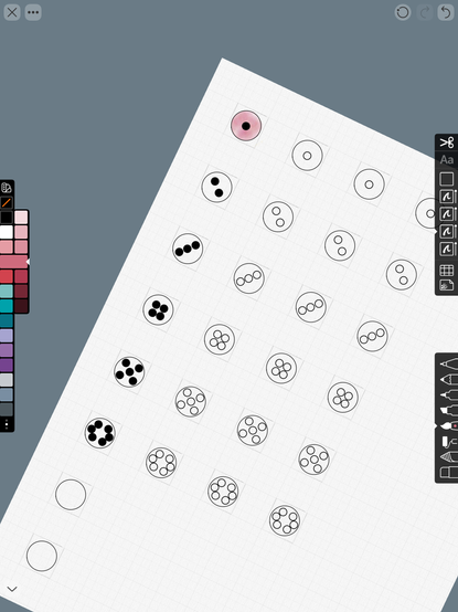 Linea Sketch iOS sketch app showing several circles on a grid, each containing black pips similar to those on common dice