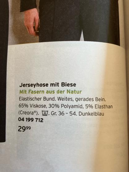 Foto aus dem Tchibokatalog: Jerseyhose mit Biese Mit Fasern aus der Natur 65%Viskose 30% Polyamid 5% Elasthan