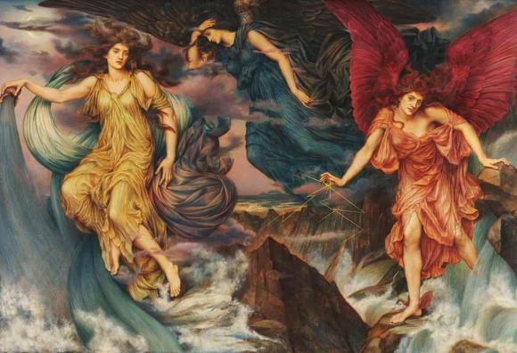 In this painting the element of rain, thunder and lightning are personified as strong, beautiful female spirits, causing chaos and turbulence in the sea below them. To the left, dressed in yellow, is the spirit of Rain pouring grey water from a never-ending vial. To the right, Lightning – a red-winged figure with winged feet, hurls lightning bolts into the storm. At the top centre is the spirit of the Thunderclouds, dressed in dark blue with her dark wings and draperies merging into the thunderclouds around her.

However, in the centre of the image, is a small oasis of sanctuary, away from the pandemonium of the foreground, which offers a sense of hope for a calmer future. The painting was executed in the middle of the Boer War and as such, it can be read as a symbolic depiction of the chaos of war and hope for a return to peace. Text from the Evelyn De Morgan website.