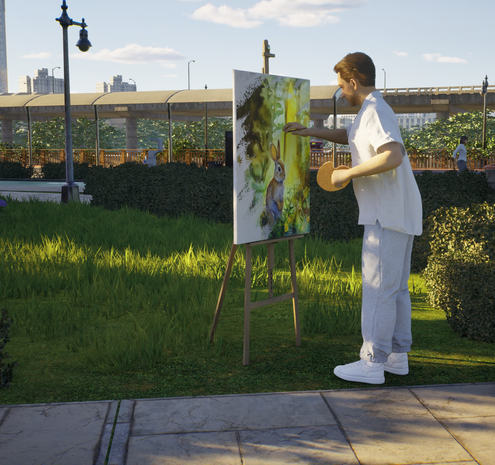My inZOI character (zoi) busy in the park painting a painting of an easter bunny.