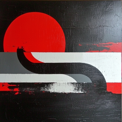 Flux Solaire.
Abstraction géométrique avec un soleil rouge éclatant et des formes fluides en noir, blanc et gris.
Geometric abstraction with a bold red sun and flowing shapes in black, white, and grey.
