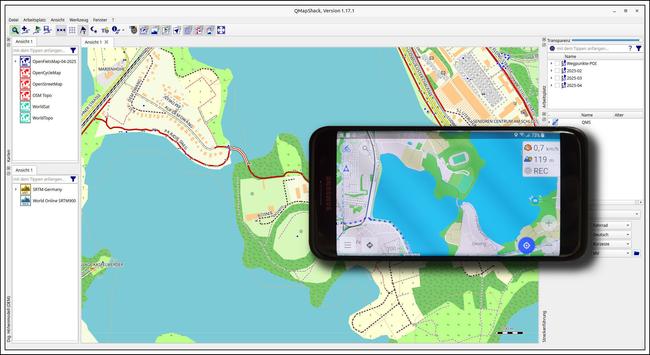 Bildbeschreibung:
Mein Navi-Handy, vor der aktuellen Kartenansicht von QMapShack.