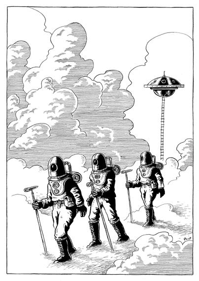 Trois hommes en combinaisons ressemblant à des tenues de scaphandriers partent en exploration à la surface des nuages. Au loin on aperçoit l'engin volant qui les a amenés là.

Three men in suits resembling diving suits set out to explore the surface of the clouds. In the distance, the flying machine that brought them there can be seen.