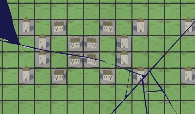 A screenshot from the game, showing a green field with mirrored and repeating buildings. There are cracks on the top to give the illusion of looking into a cracked mirror.