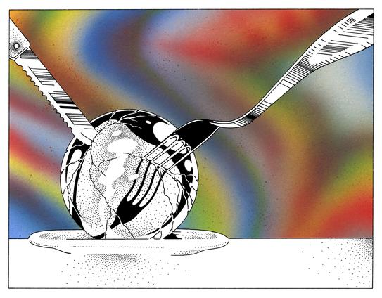 Drawing of a stone ball in a plate with a fourch and a knife in it