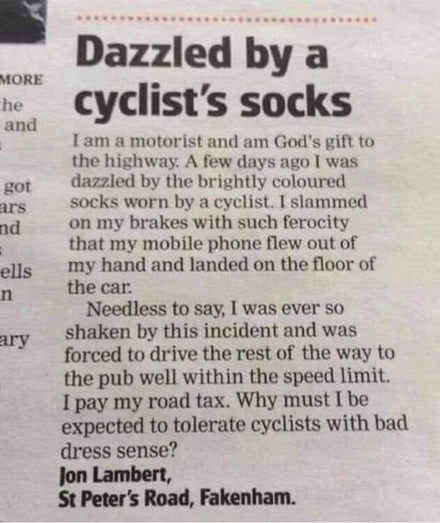 Tongue-in-cheek letter from "driver terrified by cyclist's dazzling socks" on way to pub