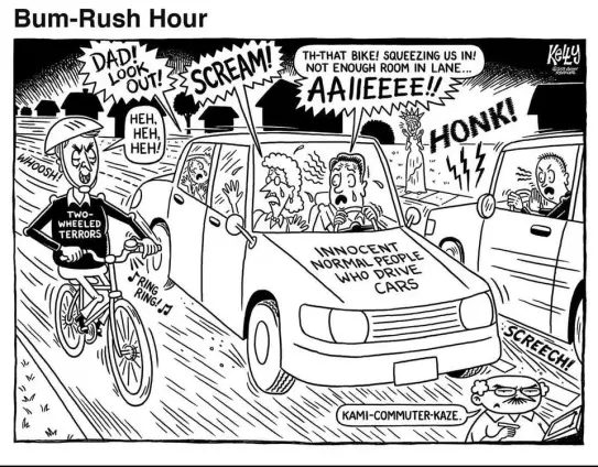 Driver terrified by evil cyclist - cartoon