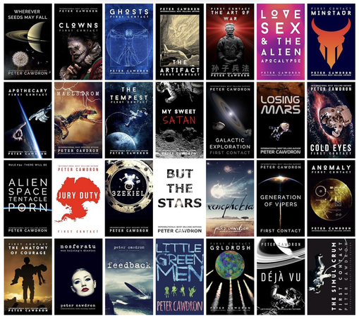 30 book covers showing all the novels in the First Contact series
