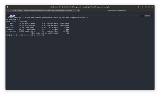 A screenshot of the ghostty terminal which is running ddrescue on a 4TB external drive.