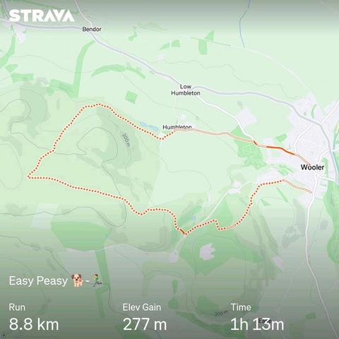 Strava map showing a route heading west from Wooler in Northumberland, around Humbleton Hill, and back into Wooler.