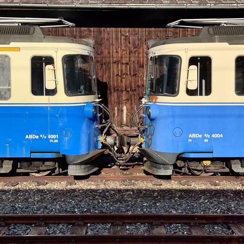 Blue-white vintage trains in Lenk