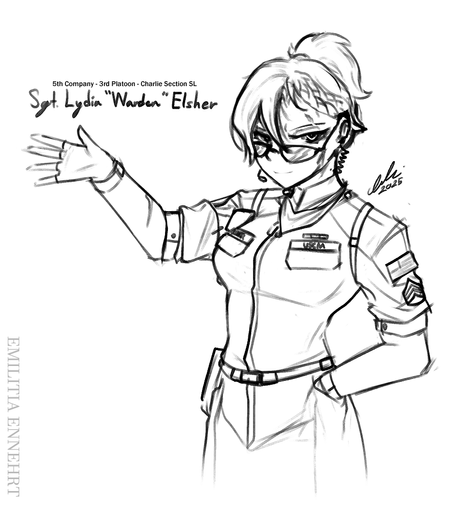 A human lady with pony tail and sunglasses staring confidently with a sly smug aura at the viewer, dressed in Colonial Marine service uniform.