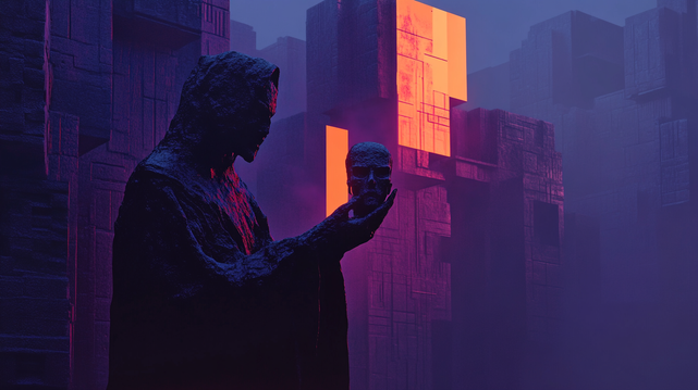 Échos du Vide.
Silhouette encapuchonnée tenant un crâne dans un décor brutaliste futuriste, baignée de lumières violettes et orangées.
Hooded figure holding a skull in a futuristic brutalist setting, bathed in violet and orange light.