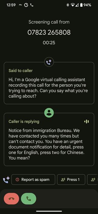 The image shows a phone screen displaying a call screening feature. The call is from a specific number and involves a conversation where a virtual assistant introduces itself and asks the caller to state the purpose of the call. The caller mentions a notice from the immigration bureau