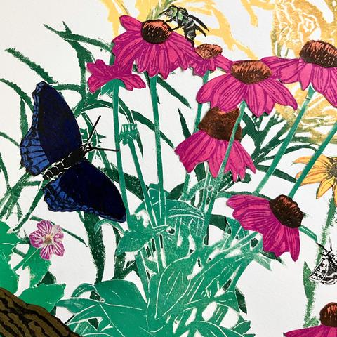 As described this a detail of my pollinator garden piece made of collaged prints, for Manufactured Ecosystems. This shot shows my tiny sweat bee, Agapostemon virescens (Toronto’s official bee), flowers (purple coneflowers, Canada goldenrod, black eyed susan, wild geranium) and a hint at the bottom of a dead log, a red-spotted purple butterfly and a little white underwing moth.