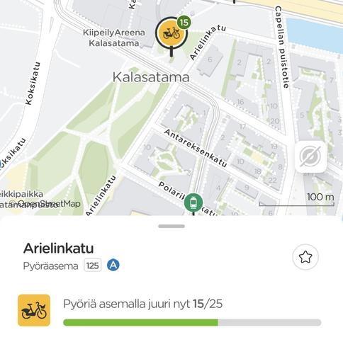 Kuvakaappaus HSL-sovelluksen kartasta. Hiukan zoomattuna Kalasatamassa olevan kaupunkipyöräaseman näkyy täyttötilanne 15/25 Arielinkadulla.