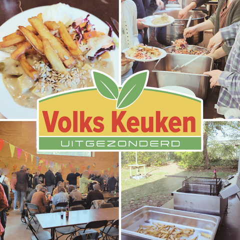 logo die een beetje doet denken aan het logo van LunchGarden maar er staat Volkskeuken (Uitgezonderd).
4 foto's:
foto1: een bord met frietjes, vol au vent en salade
foto 2: er wordt eten opgeschept
foto 3: mensen schuven aan
foto 4: er worden frieten gebakken