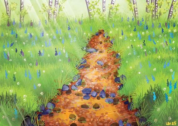 A ruddy brook winding its way through a forest floor with birches in the background and blue scillas blooming in the grass.