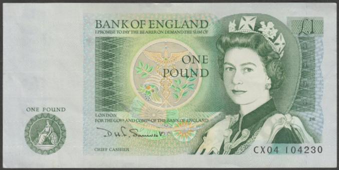 United Kingdom one pound banknote from 1980.

Serial No CX04 104230. Chief Cashier was David Henry FitzRoy Somerset.

Very good condition, with very light fold to centre and small very light crease to top left corner, but lightly used.
