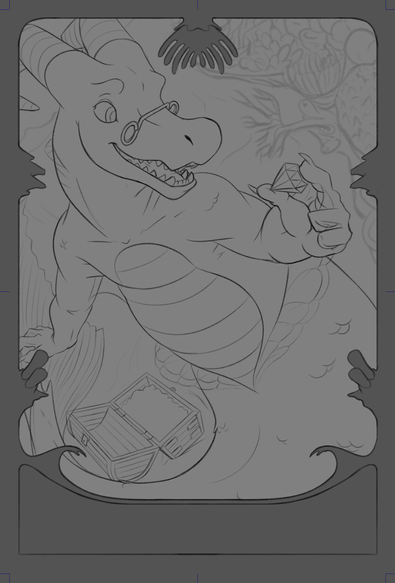 A drawing of a merman dragon finding a treasure chest full of gems deep underwater. Framed with an art nouveau inspired ornament with reef motifs.