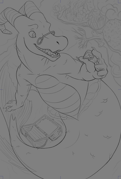 A drawing of a merman dragon finding a treasure chest full of gems deep underwater.