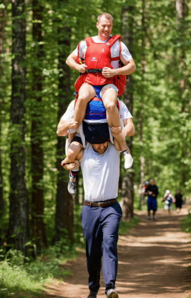An image, clearly generated by AI, of a man walking down a forest path with a stack of body parts and people on his shoulders -- which should be one person but there are so many legs, arms, and torsos all merged.