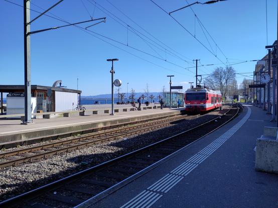Foto. Ein rot-weisser Zug im Bahnhof.