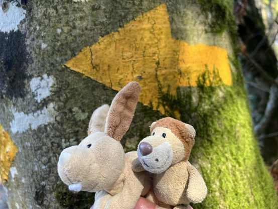 Ludwig und Hopps vor einem gelben Pfeil der auf einen Baum gemalt ist.