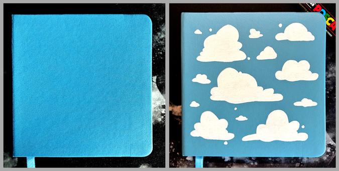 Cute square sketchbook before and after: plain light blue color before, and with a bunch of white fluffy clouds (painted with acrylic Posca marker) after.