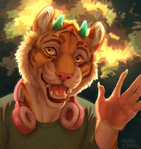A portrait of an anthro tiger. They are walking through a forest, waving hi to the "camera"