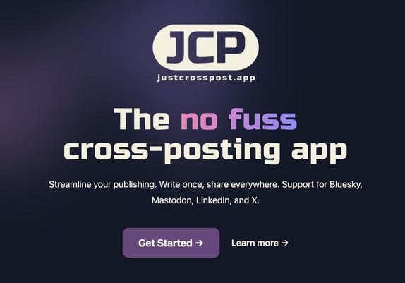 Screenshot from the justcrosspost.app landing page showing the new slogan that says "The no fuss cross-posting app"